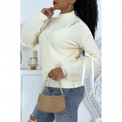 Pull col montant beige à manches bouffantes en tulle