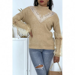 Pull col montant taupe à manches bouffantes en tulle