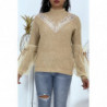 Pull col montant taupe à manches bouffantes en tulle