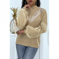 Pull col montant taupe à manches bouffantes en tulle