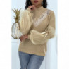 Pull col montant taupe à manches bouffantes en tulle