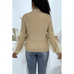 Pull col montant taupe à manches bouffantes en tulle