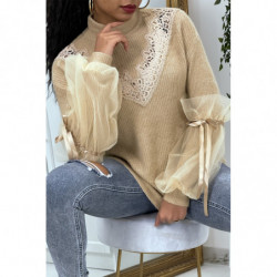 Pull col montant taupe à manches bouffantes en tulle