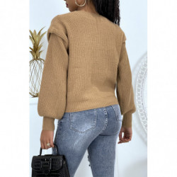 Pull taupe en maille épaisse à effet épaulettes et manches bouffantes