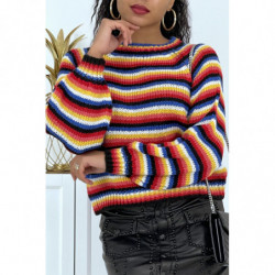 Pull effet bouffant à col large et rayures multicolore