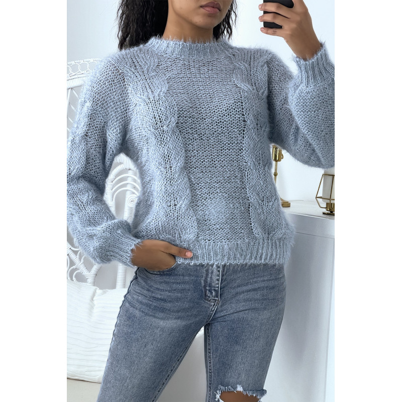 Pull épais bleu ciel en maille tressée et pailletée