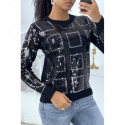 Pull col rond noir à motif carreaux en strass