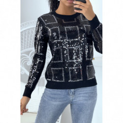 Pull col rond noir à motif carreaux en strass