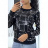 Pull col rond noir à motif carreaux en strass