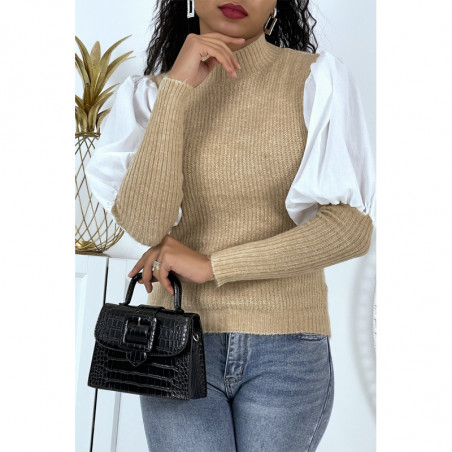 Pull taupe bi-matière moulant avec manches bouffantes et col montant