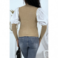 Pull taupe bi-matière moulant avec manches bouffantes et col montant