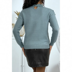 Pull bleu canard à col montant femme