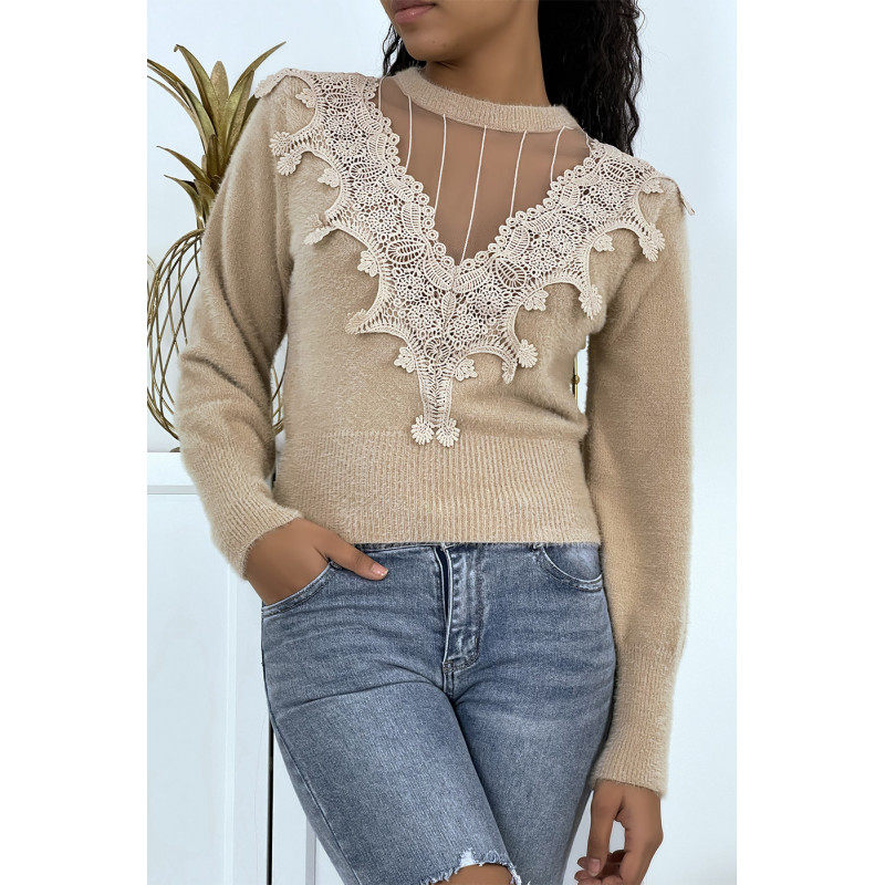 Pull doux taupe à décolleté et dentelle