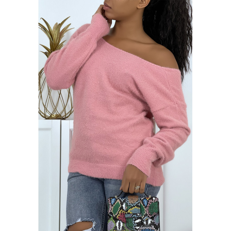 Pull duveteux dos nu rose oversize