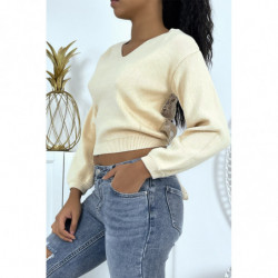 Pull femme beige dos nu en dentelle