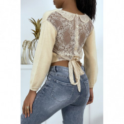 Pull femme beige dos nu en dentelle