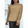 Pull duveteux taupe col bateau