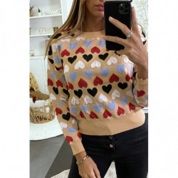 Pull court beige à motif coeurs