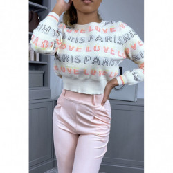 Pull court beige à inscription PARIS LOVE