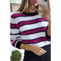 Pull duveteux fuchsia et blanc