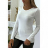 Pull blanc col rond en maille tricot très extensible et très doux