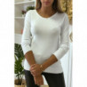 Pull blanc col rond en maille tricot très extensible et très doux