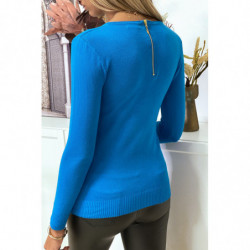 Pull bleu col V en maille tricot très extensible et très doux avec Zip doré au dos