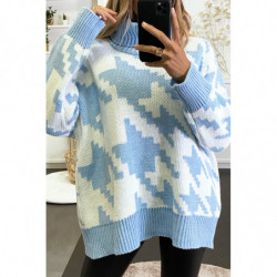 Gros pull over size turquoise col roulé motif vichy