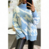 Gros pull over size turquoise col roulé motif vichy