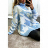 Gros pull over size turquoise col roulé motif vichy