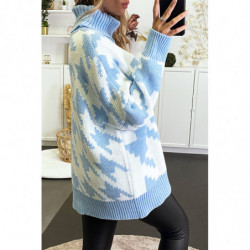 Gros pull over size turquoise col roulé motif vichy