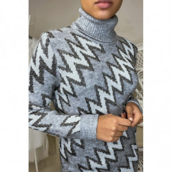 Long pull gris avec co roulé et motif zigzag brillant