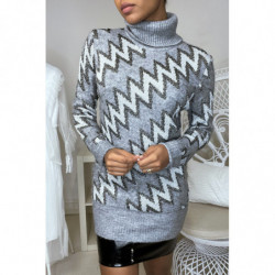 Long pull gris avec co roulé et motif zigzag brillant