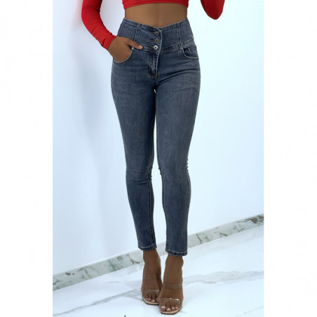 Pantalon jeans taille haute avec 3 boutons à la taille