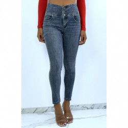 Pantalon jeans taille haute avec 3 boutons à la taille