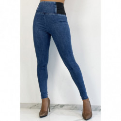 Pantalon jeans bleu taille haute avec élastique à la taille