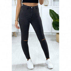 Jeans slim en anthracite déchiré aux genoux avec poches à l'arrière