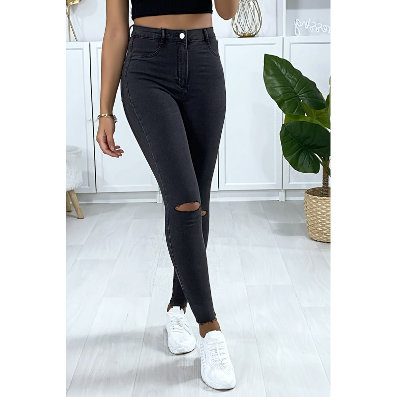 Jeans slim en anthracite déchiré aux genoux avec poches à l'arrière