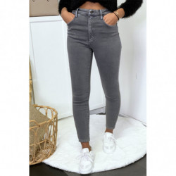 Jeans gris en taille haute très extensible avec poches