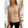 Top débardeur beige froncé et doublé en tulle