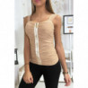 Top débardeur camel froncé et doublé en tulle