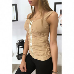 Top débardeur camel froncé et doublé en tulle