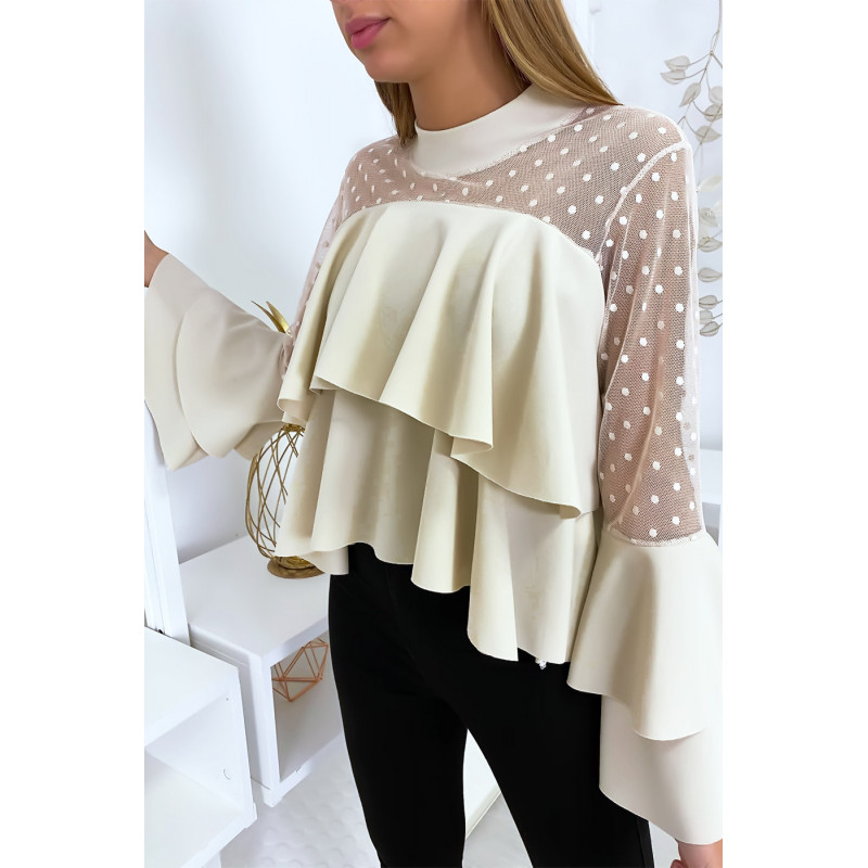 Haut beige col haut plumetis