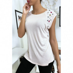 Tee shirt beige avec strass aux épaules