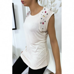 Tee shirt beige avec strass aux épaules