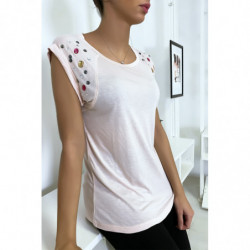 Tee shirt rose avec strass aux épaules