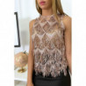 Top rose en dentelle avec frange en sequin