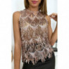 Top rose en dentelle avec frange en sequin