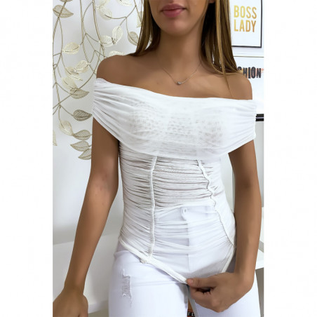 Haut bardot en mesh blanc