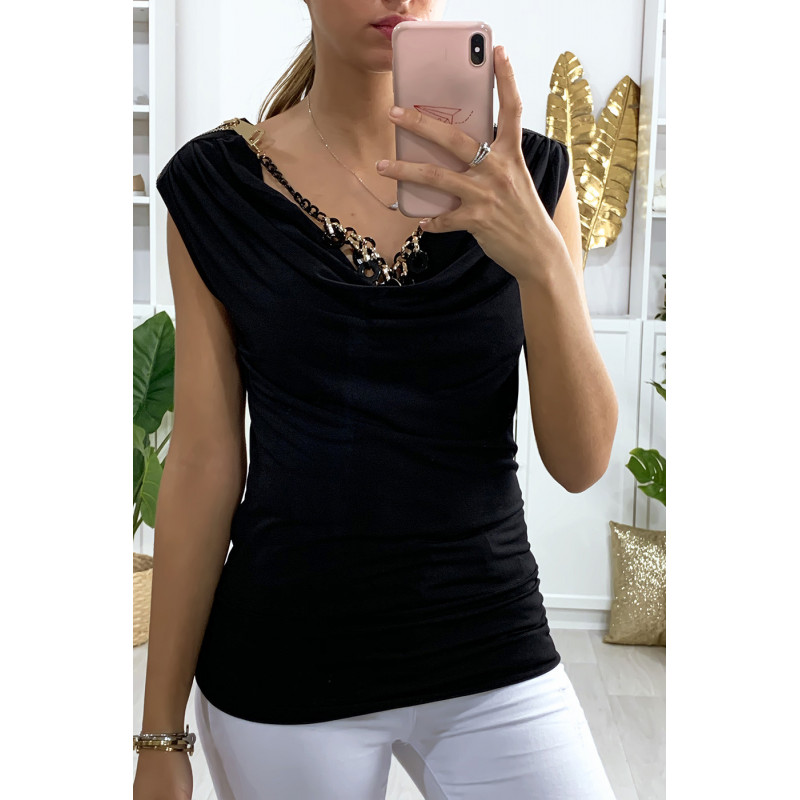 Top noir avec collier et col tombant